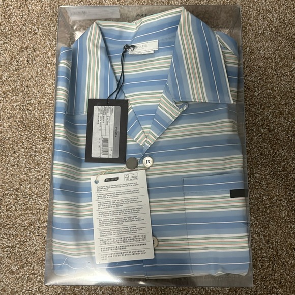 Prada Camica Celeste Short Striped Blue Sleeved Shirt - Picture 2 of 5